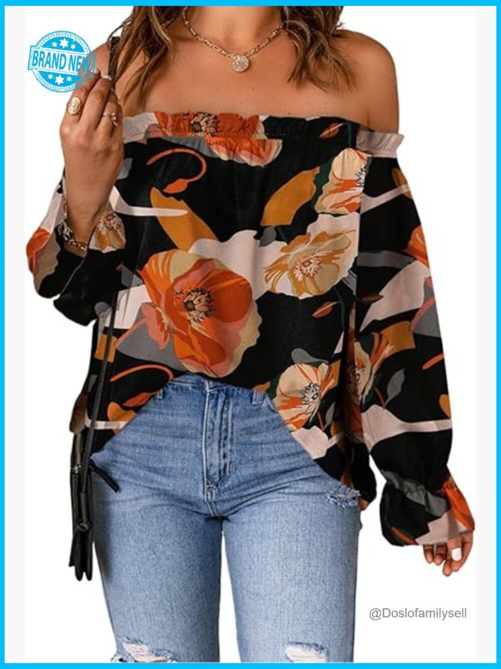 Off Shoulder Top Ruffle Long Sleeve Chiffon Blouse Casual Loose Fit Shirt
